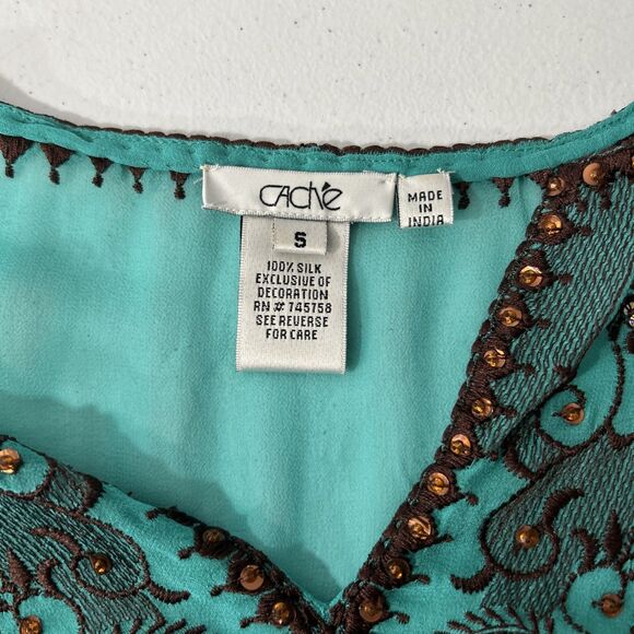 Cache Blouse Womens S Green Silk Sheer Embroidered Boho Peasant Top - Picture 6 of 10
